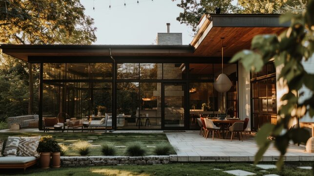 large open windows of a modern boho home, earthy tones, exterior photography