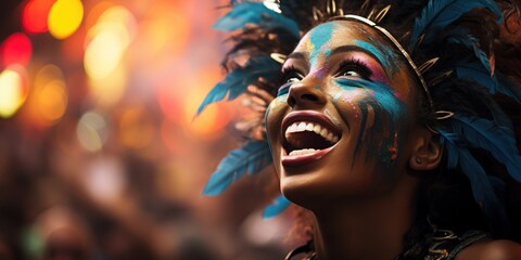 beautiful brazilian girl at the carnival in Rio de Janeiro, with a wreath with blue feathers, poster, banner - obrazy, fototapety, plakaty