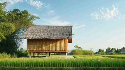 Obraz premium ice barn and granary aesthetics, wooden exteriors, shining concrete base, surrounded by a beautiful garden, serene natural light