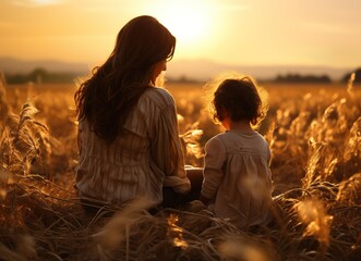 A woman and a child are sitting in a field of tall grass