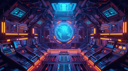 Fototapeta premium interior of a spaceship deck, an alien plant showing at the window, sci-fi illustration