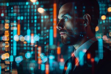 Double Exposure of Handsome businessman and Stock market digital graph chart on background