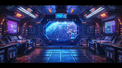 interior of a spaceship deck, an alien plant showing at the window, sci-fi illustration