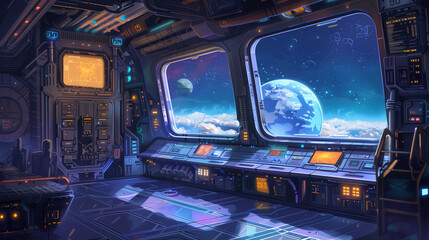 interior of a spaceship deck, an alien plant showing at the window, sci-fi illustration