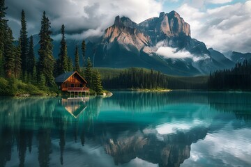 Emerald Lake's Serenity: Turquoise Waters and Towering Mountains at Yubara National Park, Canada.