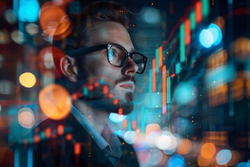 Double Exposure of Handsome businessman and Stock market digital graph chart on background