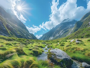 Sun-drenched New Zealand valley with lush greenery, towering mountains, a meandering stream, and vast blue skies dotted with white clouds.