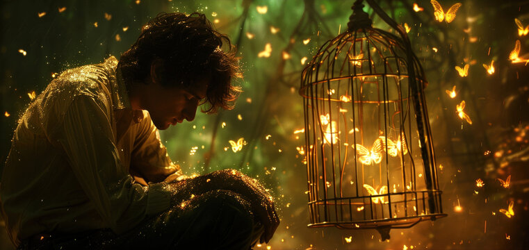 meloncholic man, in the golden cage of materialism