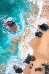 Foto op Canvas Stunning aerial shot of Oahu's coastline, showcasing waves, golden sands, and turquoise waters in Hawaii's National Park. © Pierre