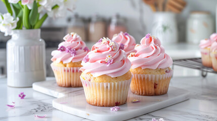 Spring Cupcakes on a White Kitchen Counter