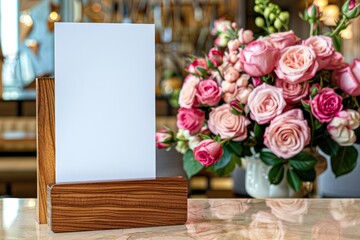 wooden menu holder, a blank page, menu mockup, many rose flowers in the background,