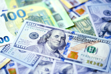 Background of various money banknotes of dollars and euros. Currency banknotes euro, dollar...