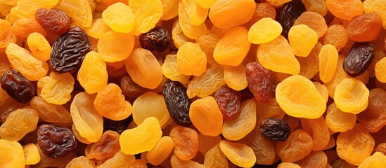 A pile of dried apricots and raisins sits on a table, ready to be used as ingredients in a delicious recipe. The amber hues of the fruits contrast beautifully with the orange petals of nearby flowers