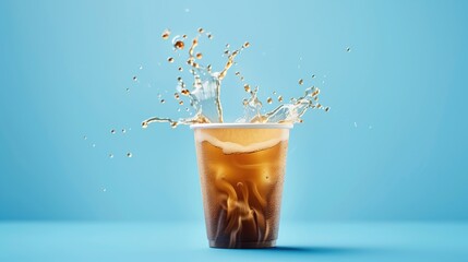 Scene of ice being poured into a cup of tea and splash creating a dynamic effect on a light blue background