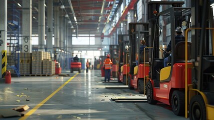 forklifts and loaders with safety gear in a well-organized and ergonomically designed environment