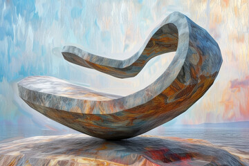 Abstract wooden sculpture floating on serene waterscape