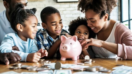 parents teaching children how to save money in a piggy bank - obrazy, fototapety, plakaty
