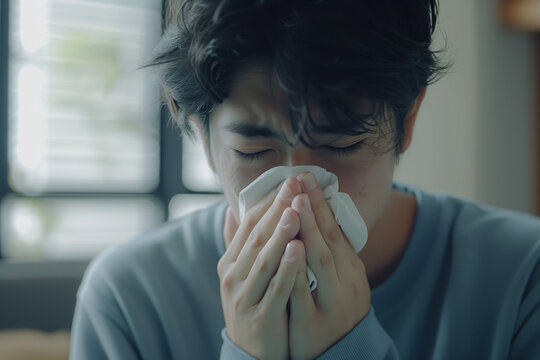 A sick young man sneezing, coughing, holding a tissue and blowing his nose, ill with the flu, a cold, influenza, corona virus, covid in winter. 