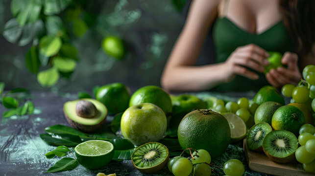 Green Fruits on Front. Woman Cut Fruits on Background, Healthy Eating and Lifestyle Concept, Generative AI

