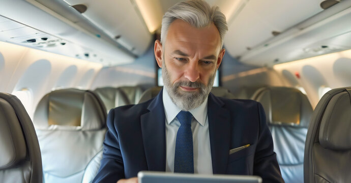 A handsome middle-aged businessman in a suit with a tablet in an airplane business jet