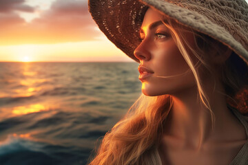 Close-up of a pensive young woman in a stylish hat, gazing at a beautiful ocean sunset at sea with copy space. Concept summer vacation, fashion trends, serenity and mindfulness. - obrazy, fototapety, plakaty