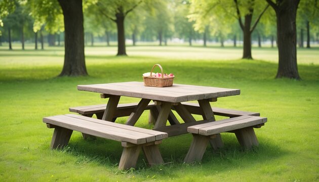 Table and benches in the park. Picnic table on a green meadow. Picnic background