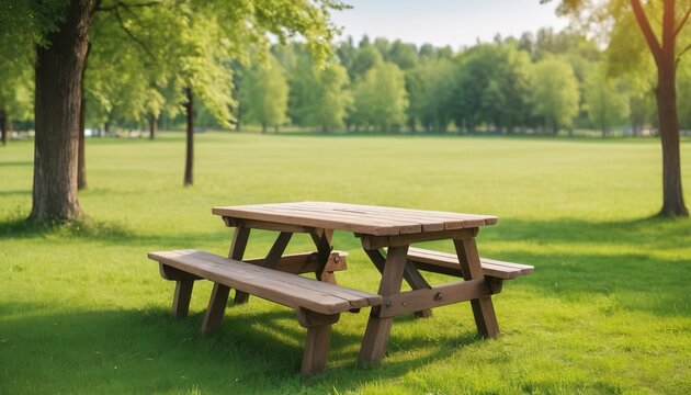 Table and benches in the park. Picnic table on a green meadow. Picnic background