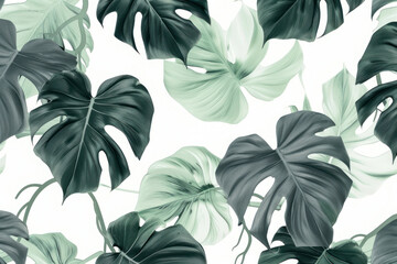 Floral seamless pattern, green, black and white split-leaf Philodendron plant with vines on white background, pastel vintage theme. - obrazy, fototapety, plakaty