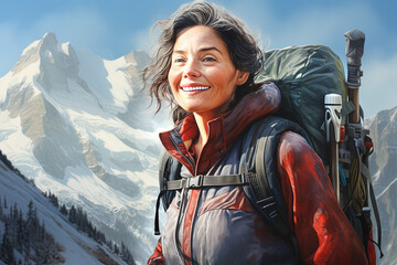 A woman mountaineer with backpack enjoying a winter trek , her face lighting with a smile against the backdrop of snowy peaks. Concept travel, active leisure, hiking and trekking, healthy lifestyle. - obrazy, fototapety, plakaty