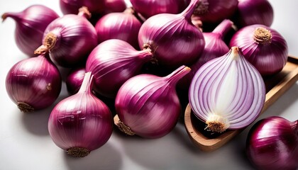 Thai red onion or Shallots. Fresh purple shallots on white background. Selected focus - obrazy, fototapety, plakaty
