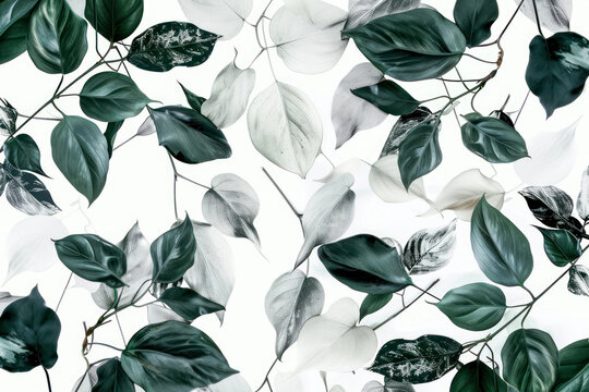 Floral seamless pattern, green, black and white split-leaf Philodendron plant with vines on white background, pastel vintage theme.