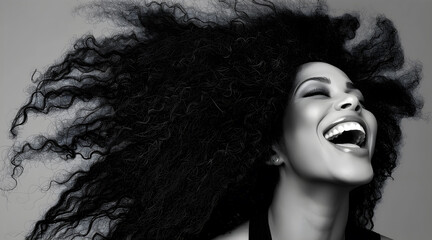 A black and white portrait of a joyful woman with voluminous, curly hair laughing heartily,...