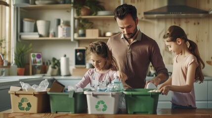 photo of father with 2 daughters sorting and recycling household waste together