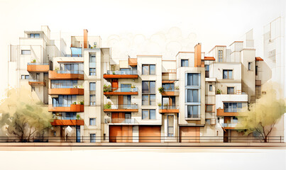 Modern apartment building with many residential units with balconies and street view. Watercolour drawing.