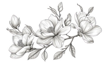 Magnolia flowers drawing with line-art on white backgrounds.