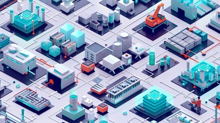 Isometric Smart Factory Automation Concept Illustration of an isometric smart factory with automated production lines and robotic arms in a systematic layout.

 - obrazy, fototapety, plakaty