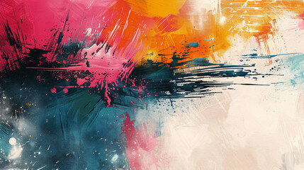 Dynamic abstract painting with vibrant splashes of pink, blue, and orange colors.