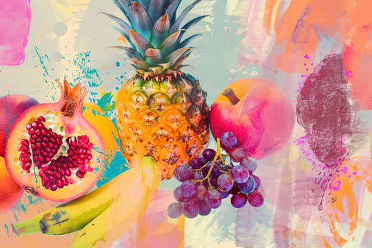 Pastel fruit illustration peach, grapes, pineapple, pomegranate, pear. Abstracted collage of fruits.