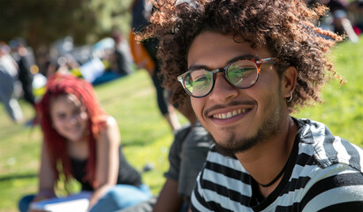 Portrait of smiling young students sitting on grass in park at university