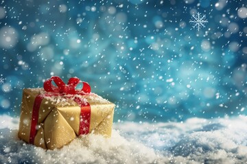 Festive Christmas snow background with copy space. Golden gift box with red ribbon, snowflake and serpentine on snow on evening blue sky background with falling snow flakes.