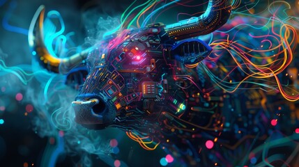 Obraz premium a highly detailed cyber bull with electronic circuit boards and laser eyes, abstract background