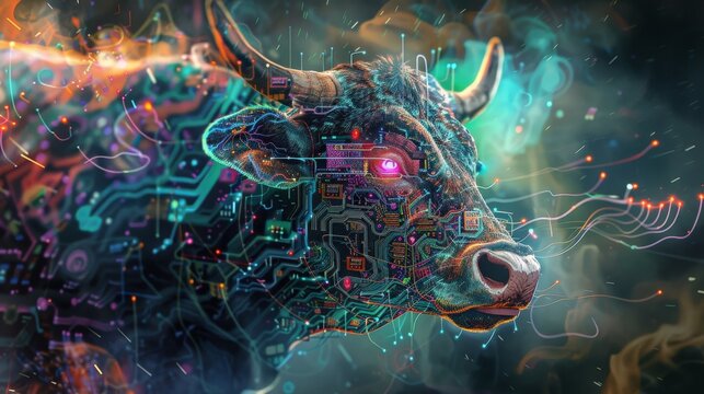 a highly detailed cyber bull with electronic circuit boards and laser eyes, abstract background