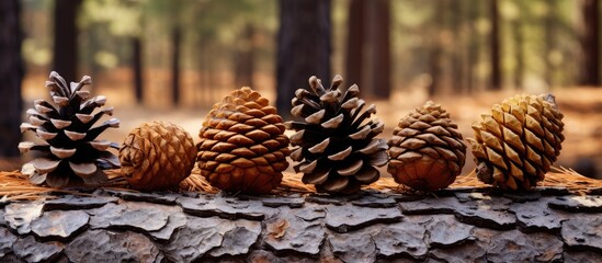 Conifer cones from shortstraw pine and larch trees are arranged on a log in the woods, showcasing natural materials and fruits from terrestrial plants - obrazy, fototapety, plakaty