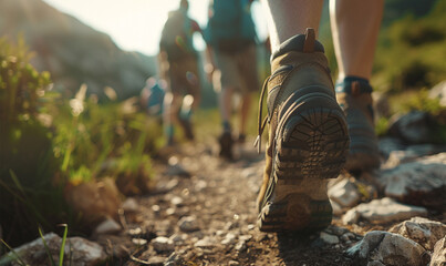 Hikers walking on a trail in the mountains. Close-up of a pair of hiking shoes