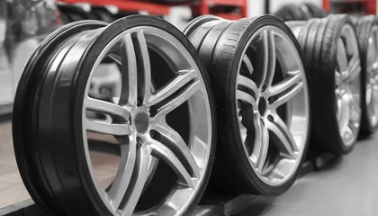 Fotobehang Wheel rims on showcase. Car alloy wheels at a wheel shop © Romeo