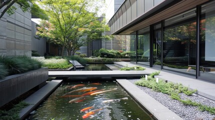 Sleek Courtyard Landscape with Koi Pond, a detailed description of a modern and stylish courtyard landscape, 