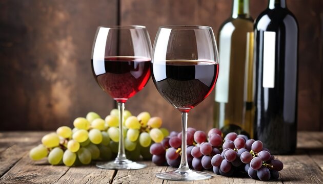 Wine background. Glasses of red and white wine. On a rustic background