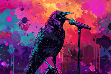 Stylized illustration festival crow at live concert partying and having fun in color panorama. - obrazy, fototapety, plakaty