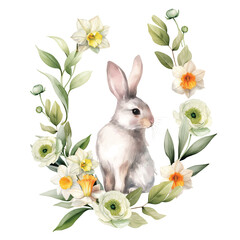watercolor floral wreath frame Spring wild flowers with Easter bunny - 757280732