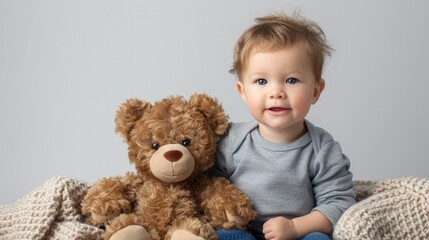 Happy cute toddler sitting with his teddy bear.